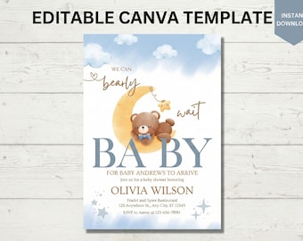 Invitación para baby shower "We Can Bearly Wait" para niño, plantilla de invitación con osito de peluche, luna y estrellas, invitación editable en Canva en azul celeste.