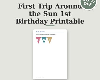 Paquete de fiesta "Primer viaje alrededor del sol" con juegos de cumpleaños con temática del sol y kit de decoración imprimible para pancarta de cumpleaños con temática del espacio bohemio.