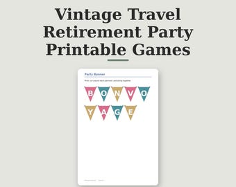 Kit imprimible para fiesta de jubilación con temática de viajes, con pancartas "La aventura te espera" y juego de bingo imprimible.