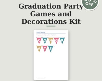Kit de juegos y decoración para fiesta de graduación con pancartas, letreros y juego de bingo de graduación imprimibles en formato PDF.