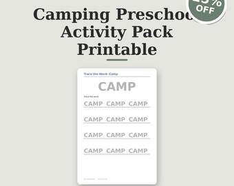 Libro de actividades imprimible para preescolares sobre campamentos, con ejercicios de trazo para niños pequeños y juegos de matemáticas para contar alrededor de una fogata en el jardín de infancia (PDF).