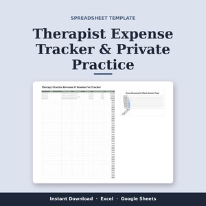 Può includere: Un modello di foglio di calcolo intitolato Therapist Expense Tracker & Private Practice. Il layout include una tabella Therapy Practice Revenue & Session Fee Tracker e un grafico Gross Revenue by Client Session Type per i dati.
