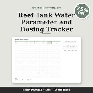 Reef Tank Parameter Tracker Spreadsheet and Saltwater Aquarium Log with Reef Dosing Calculator and Water Testing Dashboard