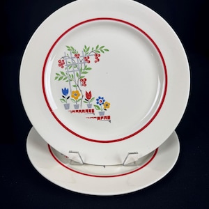 May include: Two white ceramic plates with a red border. One plate is stacked on top of the other. The plates have a floral design with red berries, green leaves, and colorful flowers.