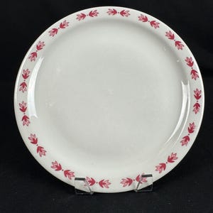 May include: A round white ceramic plate featuring a decorative border of small, repeating pink floral motifs. The plate has a smooth, glossy finish and is displayed on a clear stand, showcasing a clean, simple design suitable for dining.