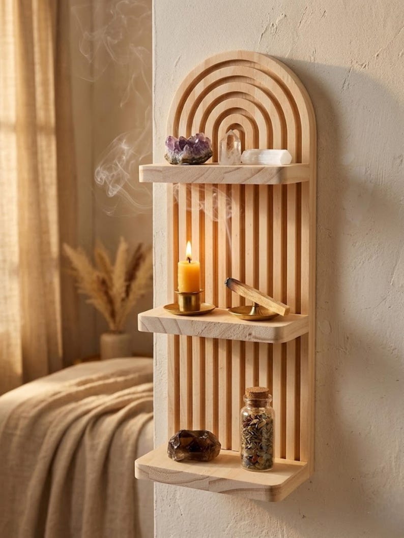 Puede incluir: Estanter&iacute;a de pared de madera con la parte superior arqueada y tres estantes. Los estantes contienen cristales, una vela encendida, un palito de humo y una peque&ntilde;a botella de vidrio con un corcho. La estanter&iacute;a es de madera clara.