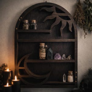 Könnte beinhalten: Ein dunkelbraunes Holzregal mit gewölbtem Oberteil, das ein Sonnen- und Monddesign aufweist. Das Regal enthält kleine Gläser mit Korken, Kristallen und getrockneten Kräutern. Das Regal ist mit kleinen Sternausschnitten verziert.