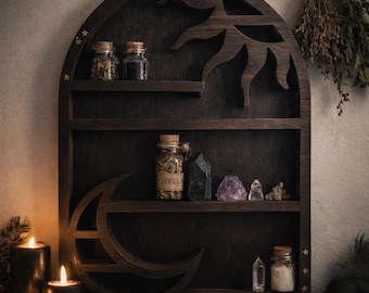 Häxig vägghylla – Mörk träkristalldisplay – Spirituella kvinnor – Celestial stil