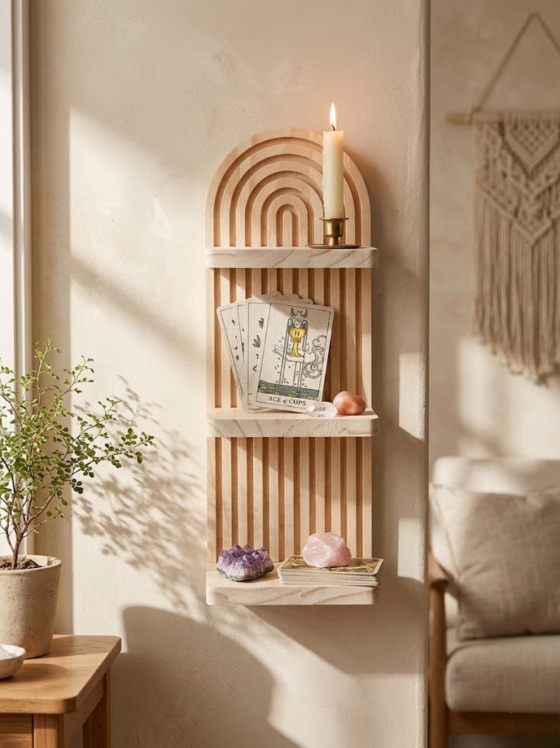 Puede incluir: Estanter&iacute;a de pared de madera clara con parte superior arqueada y tres estantes. Una vela encendida en el estante superior, cartas del tarot en el medio y cristales en el inferior.