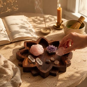 May include: A dark wooden, flower-shaped tray displays rose quartz, amethyst, and other crystals. A hand is reaching for a crystal. Incense burns, a candle is lit, and a bowl with a whisk are in the background. An open book is also visible.