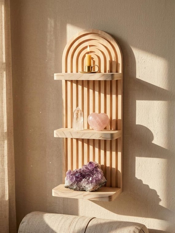 Arch Crystal Display  : Natural Wooden Spiritual wall mounted shelf for Meditation, Boho, Witchy Home