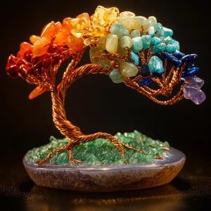 May include: A decorative tree sculpture with a copper wire trunk and branches, adorned with colorful gemstone chips. The gemstones are arranged in a rainbow spectrum, with a base of green stones set in a rounded, speckled stone base.