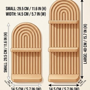 Puede incluir: Dos estanter&iacute;as de pared de madera con acabado natural. La estanter&iacute;a m&aacute;s peque&ntilde;a mide 29,5 cm de alto y 14,5 cm de ancho. La estanter&iacute;a m&aacute;s grande mide 40 cm de alto y 14,5 cm de ancho. Ambas estanter&iacute;as tienen una profundidad de 9,5 cm.