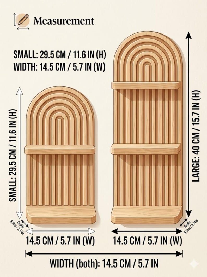 Puede incluir: Dos estanter&iacute;as de pared de madera con acabado natural. La estanter&iacute;a m&aacute;s peque&ntilde;a mide 29,5 cm de alto y 14,5 cm de ancho. La estanter&iacute;a m&aacute;s grande mide 40 cm de alto y 14,5 cm de ancho. Ambas estanter&iacute;as tienen una profundidad de 9,5 cm.