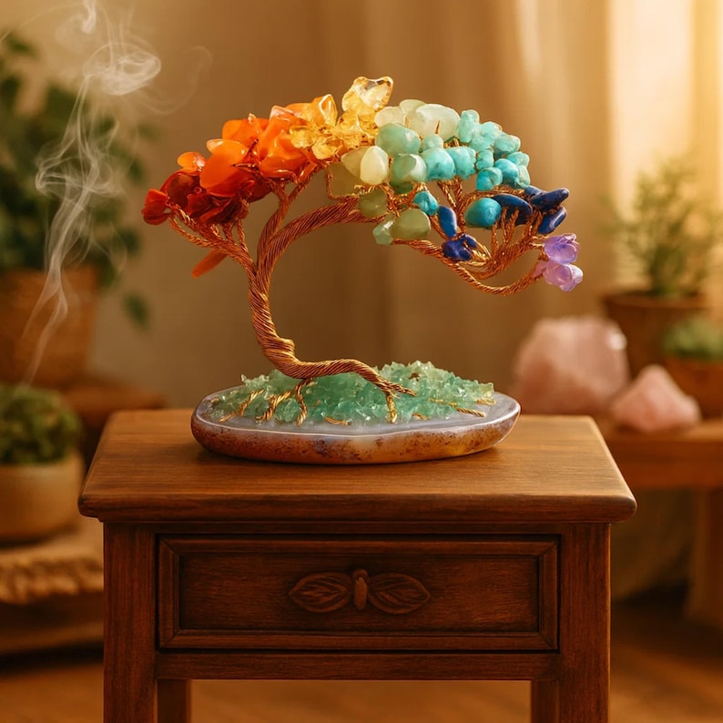 May include: A decorative tree sculpture with a copper wire trunk and branches, adorned with colorful gemstones. The gemstones are arranged in a rainbow spectrum, with red, orange, yellow, green, blue, and purple hues. The tree sits on a small, oval-shaped base.