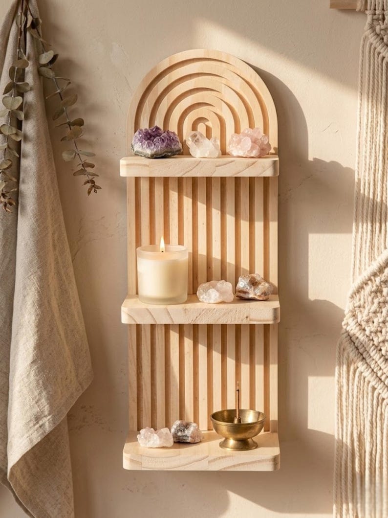 Puede incluir: Una estanter&iacute;a de madera de tres niveles con un dise&ntilde;o de arco iris en la parte superior. Las estanter&iacute;as contienen cristales, una vela encendida y un peque&ntilde;o cuenco de lat&oacute;n. La estanter&iacute;a est&aacute; montada en una pared de color claro, con un pa&ntilde;o colgante y decoraci&oacute;n de pared de macram&eacute;.