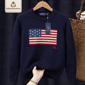 Ralph Lauren Navy US Flag Knit Sweater Men's Crewneck Classic Style