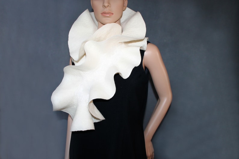 Handmade Felted Scarf collar neck warmer ivory wool scarf Made to order Ruffle scarf jabot White off Felt scarf