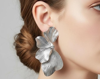 Chunky Gold Statement Earrings – Leaf Drop Earrings for Women – Bold Dangle in Gold or Silver, 2 Inch Long, Gift Ready