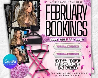 February Booking Flyer: Valentine's Day Booking Flyer | Hair, Lashes, Nails, Makeup | February Book Now (Canva Editable Template)