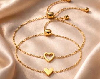 Two Hearts, One Bond” 14K Gold Plated/Sterling Silver Matching Bracelet Set, Bracelet Set for Women Best Friend Adjustable Love Friendship