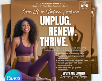Wellness Retreat Flyer Canva Template | Editable Event Flyer, Self-Care Retreat Design, Yoga and Wellness Marketing
