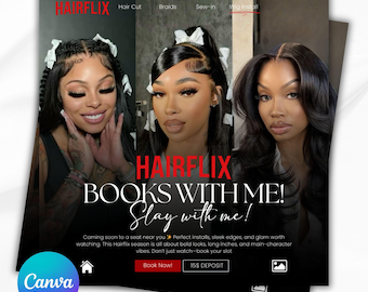 HairFlix Booking Flyer Template: Braids, Wigs, & Styles (Canva Editable)