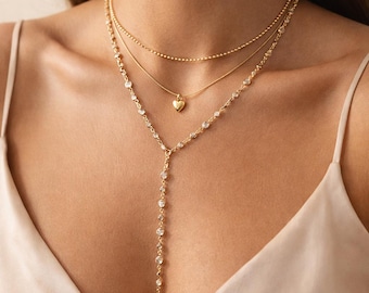 Layered lariat necklace gold, Stacking chain necklace, Multi layered necklaces, Dangle necklace,Y chain,Station chain,Heart pendant necklace
