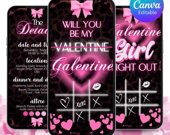 Pink Galentine's Party Invitation, Girls Night, Editable Canva Template (Digital Download)
