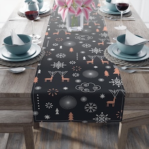 Scandinavian reindeer snowflakes table runner | cotton-poly