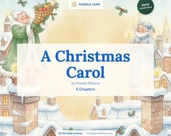 May include: An illustrated book cover for "A Christmas Carol" by Charles Dickens. The image features a winter scene with snow-covered rooftops, characters in period clothing, and the title in large blue letters. The book has 5 chapters.