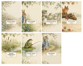 May include: A collection of seven rectangular prints featuring watercolor illustrations of Beatrix Potter characters including Peter Rabbit, Benjamin Bunny, Squirrel Nutkin, Jemima Puddle-Duck, Jeremy Fisher, and Tom Kitten, each with text labels.
