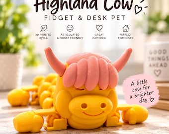 Highland Cow Fidget, 3D Printed Articulated Desk Pet, Pink and Yellow