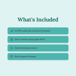 May include: A teal graphic on a light blue background lists what's included. The text reads "What's Included" above four teal rectangular boxes. The boxes list: 15 MP3 audio files (6 hours 8 minutes), a 5-minute setup guide, instant download access, and email support.