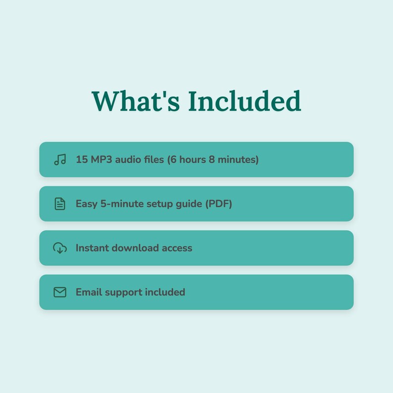 May include: A teal graphic on a light blue background lists what's included. The text reads "What's Included" above four teal rectangular boxes. The boxes list: 15 MP3 audio files (6 hours 8 minutes), a 5-minute setup guide, instant download access, and email support.