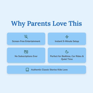 May include: A light blue graphic with the text "Why Parents Love This." The graphic includes six blue rectangular boxes with white text and icons, including "Screen-Free Entertainment" and "Authentic Classic Stories Kids Love."