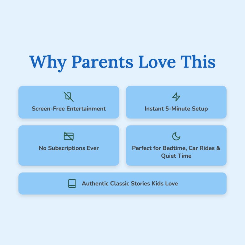 May include: A light blue graphic with the text "Why Parents Love This." The graphic includes six blue rectangular boxes with white text and icons, including "Screen-Free Entertainment" and "Authentic Classic Stories Kids Love."