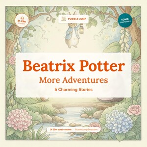 May include: A square-shaped children's audiobook cover featuring the text "Beatrix Potter More Adventures 5 Charming Stories." The cover art depicts a whimsical forest scene with a rabbit holding a lantern, flowers, and a stream.