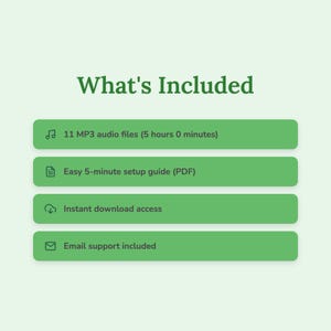 May include: Image with the text "What's Included" at the top. Below are four green rectangular boxes with white text. The boxes list: 11 MP3 audio files (5 hours 0 minutes), Easy 5-minute setup guide (PDF), Instant download access, and Email support included.