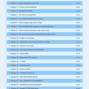May include: A blue and white graphic lists the chapters of a collection of stories, including titles like "Up the Mountain to Alm-Uncle" and "A Ghost in the House." Each chapter is accompanied by its duration in minutes. The total audio time is 9 hours and 49 minutes.