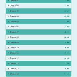 May include: A teal-colored graphic displaying a list of chapters with their respective durations. Each chapter is marked with a green checkmark. The total audio time is 6 hours and 8 minutes.