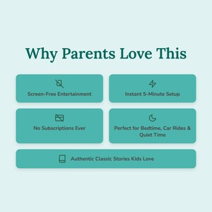 May include: A teal graphic with the text "Why Parents Love This" and bullet points: Screen-Free Entertainment, Instant 5-Minute Setup, No Subscriptions Ever, Perfect for Bedtime, Car Rides & Quiet Time, and Authentic Classic Stories Kids Love.