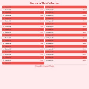 May include: A list of 41 chapters from a collection of stories, each with a checkmark and a duration in minutes. The total audio time is 9 hours and 24 minutes. The text "Stories in This Collection" is at the top.