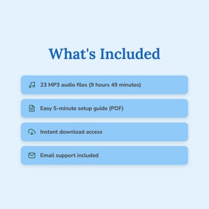 May include: A light blue graphic with the text "What's Included" in dark blue. The graphic lists 23 MP3 audio files, a 5-minute setup guide, instant download access, and email support. The text is in white on light blue rectangles.