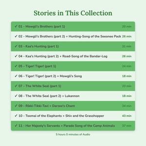 May include: A green and white graphic lists eleven stories from a collection, including "Mowgli's Brothers," "Kaa's Hunting," and "Tiger! Tiger!" Each story's duration is listed in minutes, with a total audio time of 5 hours.