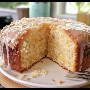 Peut inclure: Un gâteau à la noix de coco tranché sur une assiette blanche. Le gâteau a une croûte dorée, un intérieur moelleux et est garni d'un glaçage blanc et de flocons de noix de coco grillés. Une fourchette est posée sur l'assiette.