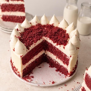Può includere: Una torta red velvet con una fetta mancante, caratterizzata da strati di pan di spagna rosso intenso e una spessa glassa bianca al formaggio cremoso. La parte superiore è decorata con ciuffi di glassa e briciole di torta rossa, servita su un piatto bianco.