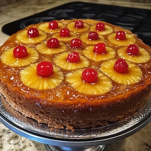 Può includere: Una torta rovesciata all'ananas rotonda su un alzatina d'argento. La torta è guarnita con fette di ananas e ciliegie rosso vivo. La torta ha una crosta dorata e una glassa lucida e caramellata. È un dessert.