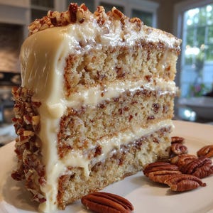 May include: A slice of layered cake with white frosting and chopped pecans. The cake has three layers with a creamy filling between each layer. Pecans are also sprinkled on the sides and top of the cake. Several whole pecans are scattered on the plate.