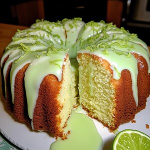Op de afbeelding: Een gesneden, vers gebakken tulbandcake met een levendige groene glazuur en limoenschil topping. De cake heeft een goudbruine buitenkant en een lichtgroene binnenkant, met een stuk verwijderd. Een halve limoen is zichtbaar.